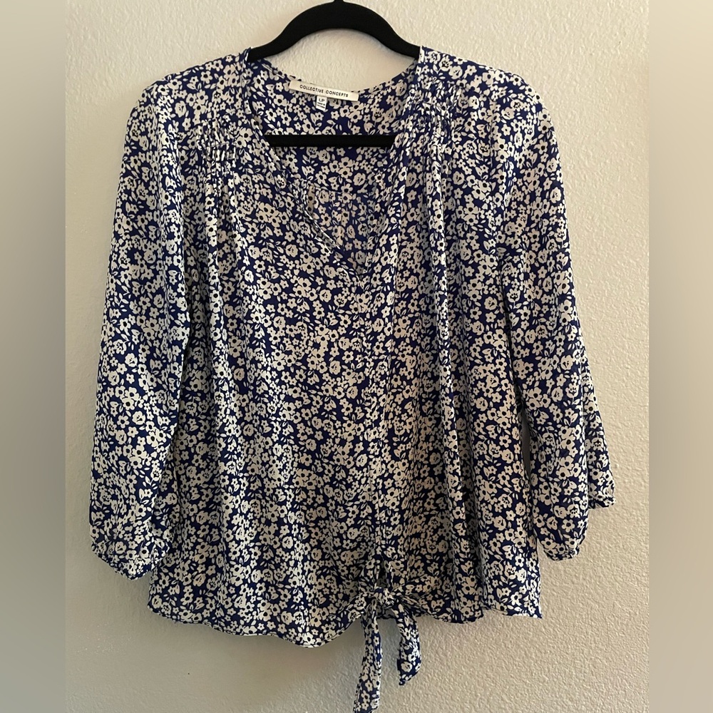 Collective Concepts Navy and White Floral Tie-Front Blouse
